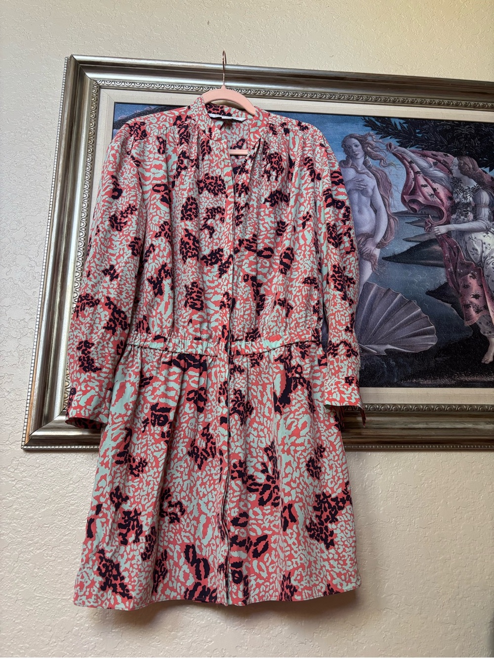 Diane VonFurstenberg Silk Print Long-Sleeve Mini Dress in Coral and Mint
